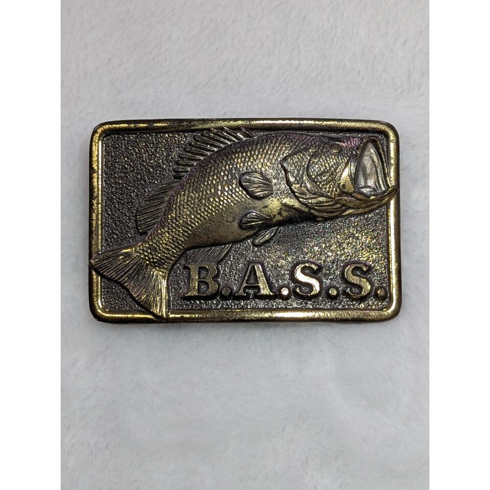 Vintage 80s BASS Belt Buckle Bass Anglers Sportsman Society Gold Metal Fishing